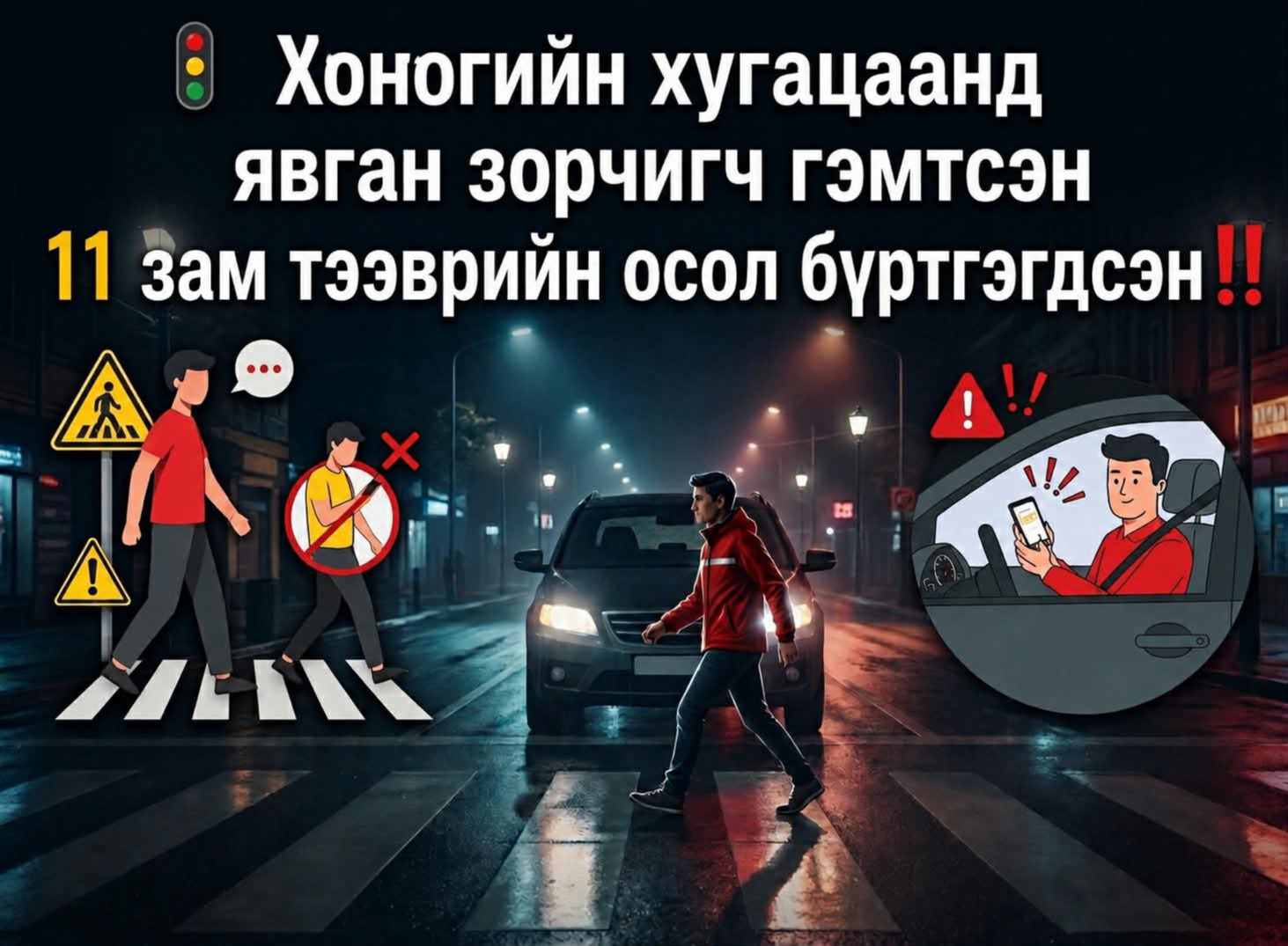 Хоногийн хугацаанд явган зорчигч мөргөж гэмтээсэн 11 зам тээврийн осол бүртгэгджээ